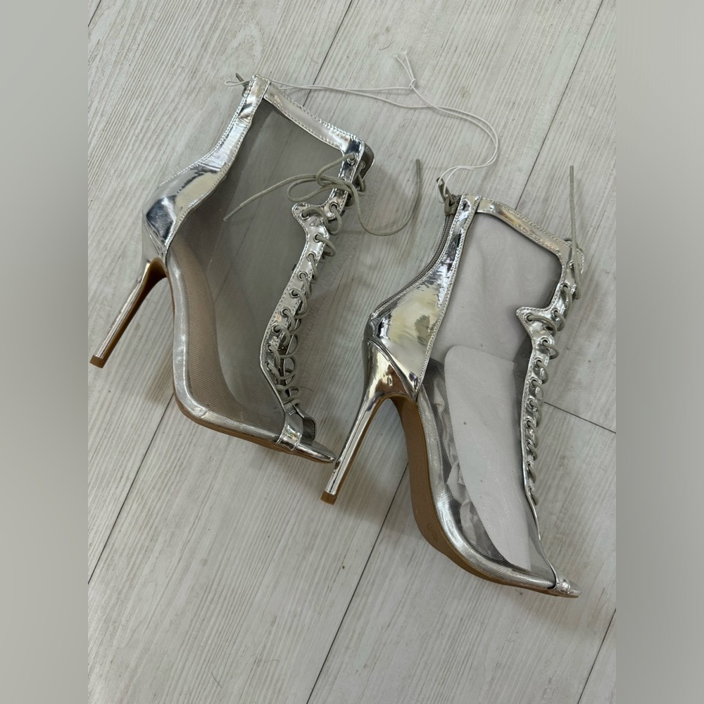 Brand New Metallic Silver Heeled Booties